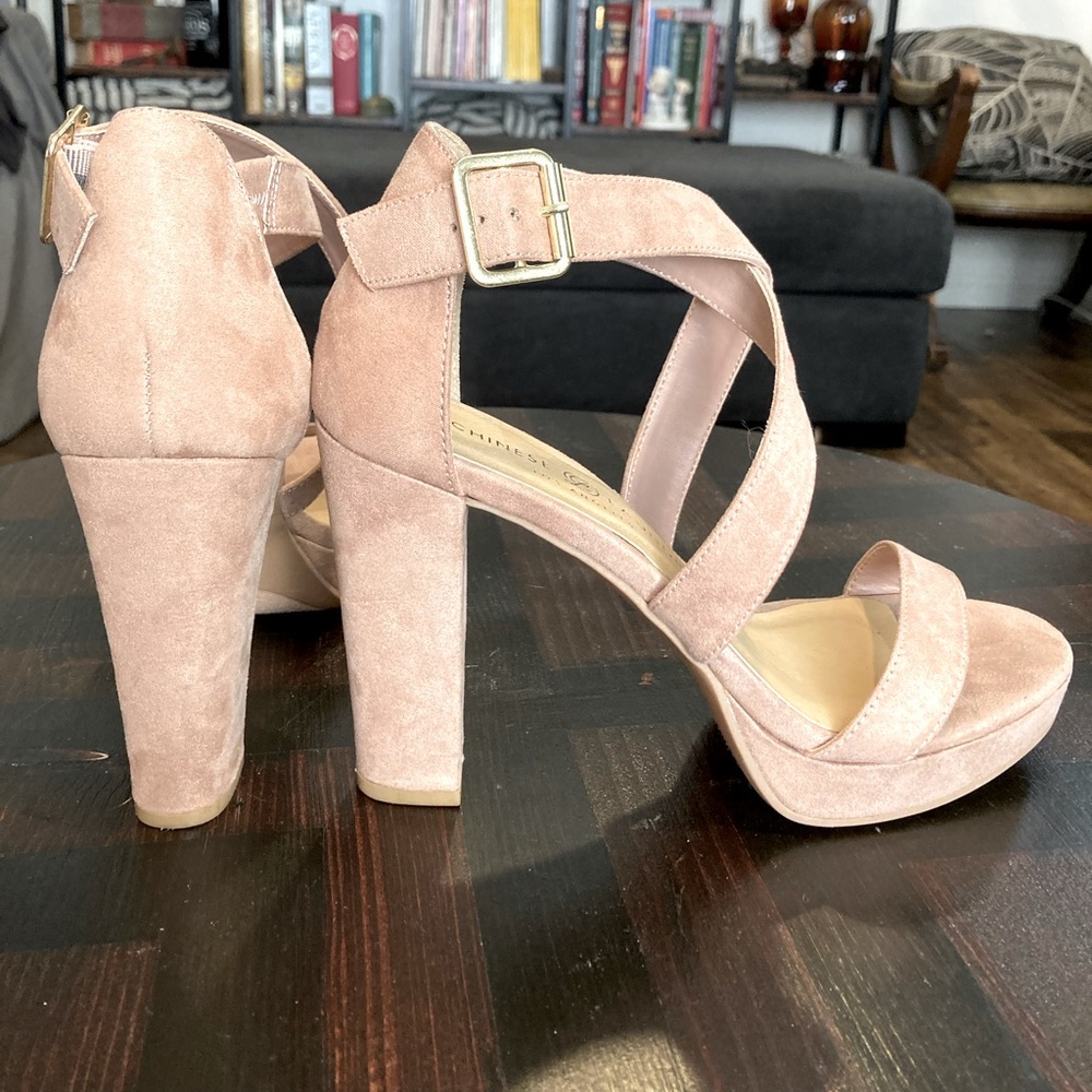 Chinese Laundry blush platform suede-like strappy heels
